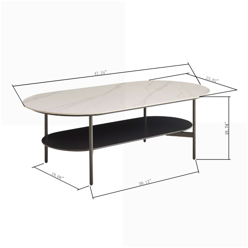 Table basse en pierre frittée double couche pour le salon, tablette en noyer et structure en acier, assemblage facile