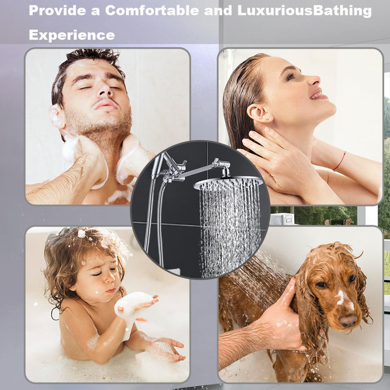 All-Metal Dual Shower System - 8" Rainfall Shower Head & Handheld Spray With 3-Way Diverter, Adjustable Extension Arm & 71" Hose
