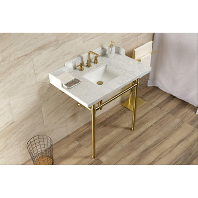 Évier de console en laiton Carrara de 36 po avec pieds en acier inoxydable, marbre blanc / nickel poli Kingston LMS36M8SQ6ST Kingston