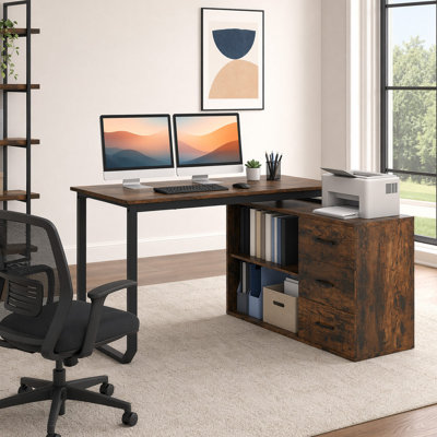 Bureau d'ordinateur en L 55 po avec prises de courant et 3 tiroirs pour poste de travail d'angle