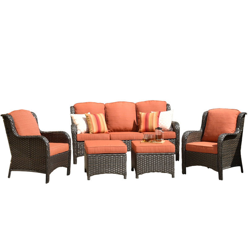 Ensemble de conversation avec canapé en rotin 5 pièces avec coussins Grano, Orange, Brun