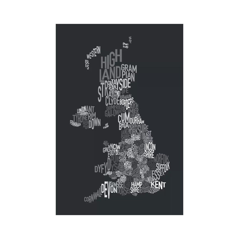 Great Britain UK County Text Map II by Michael Tompsett - Wrapped Canvas Print, 30.48 cm H x 45.72 cm W