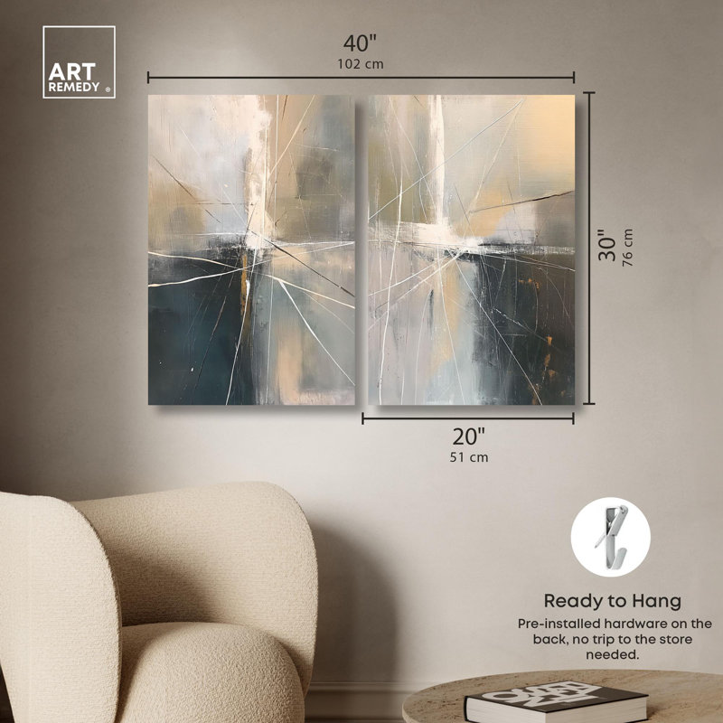 Ensemble contemporain sur toile, ensemble de 2 boho abstrait par Art Remedy, H 30 po x l 20 po, Toile tendue