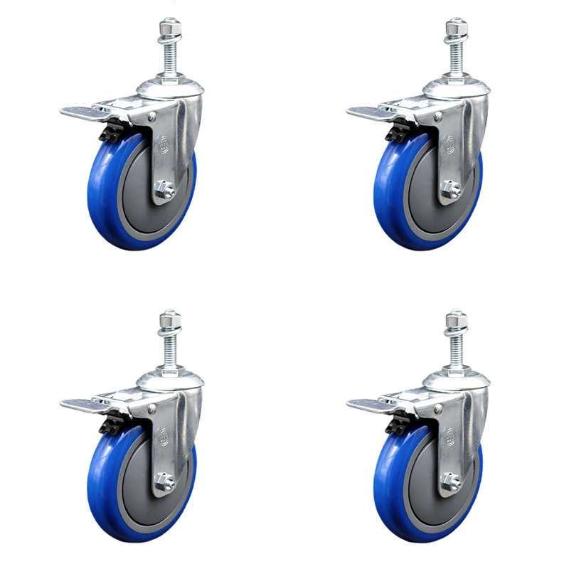 Ensemble de roulettes à tige filetée en polyuréthane 10 mm 5 pouces, Bleu
