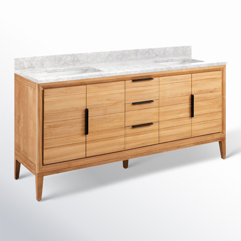 Aliso 72" Double Bathroom Vanity, Carrara Marble, No Faucet Hole, Natural Teak