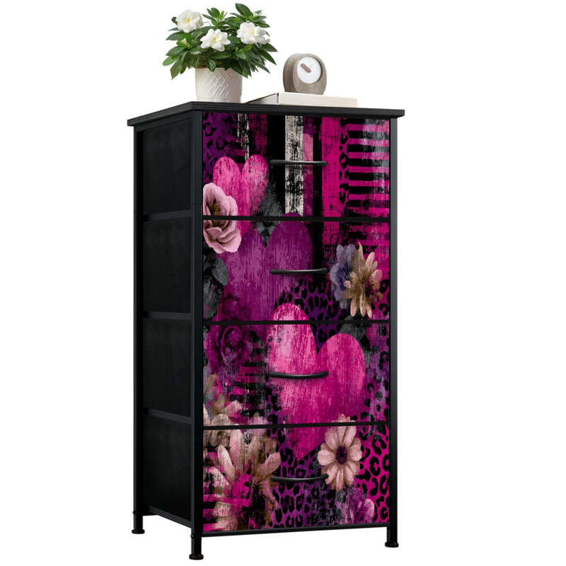Commode moderne pour la chambre à coucher avec 4 tiroirs de rangement Imprimé floral contemporain avec commode rose noire Commode en tissu avec cadre en acier pour vestibule