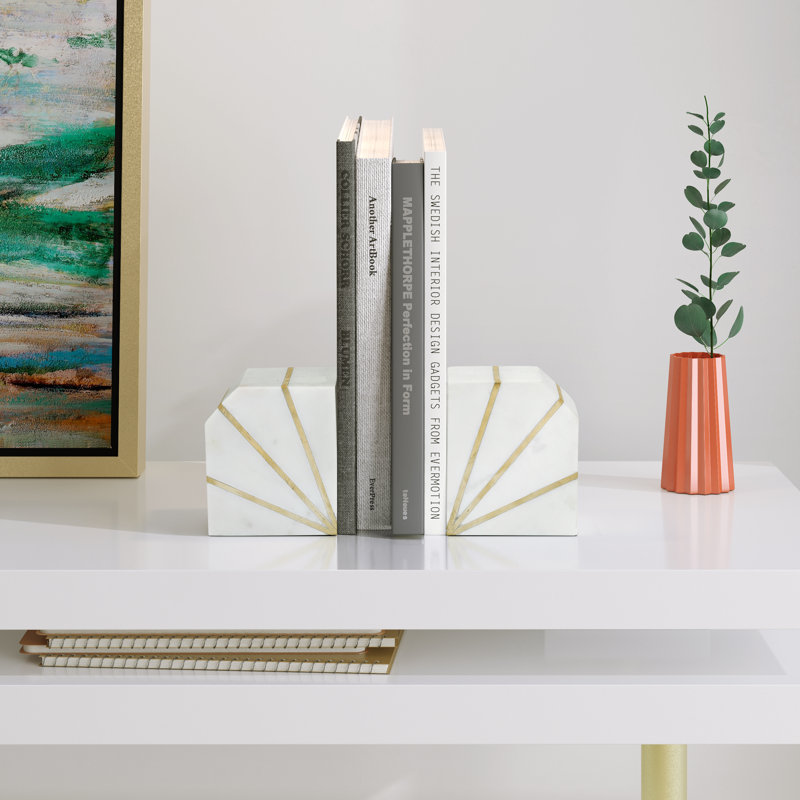 Modern Marble Bookends with Gold Inlay Set of 2, White