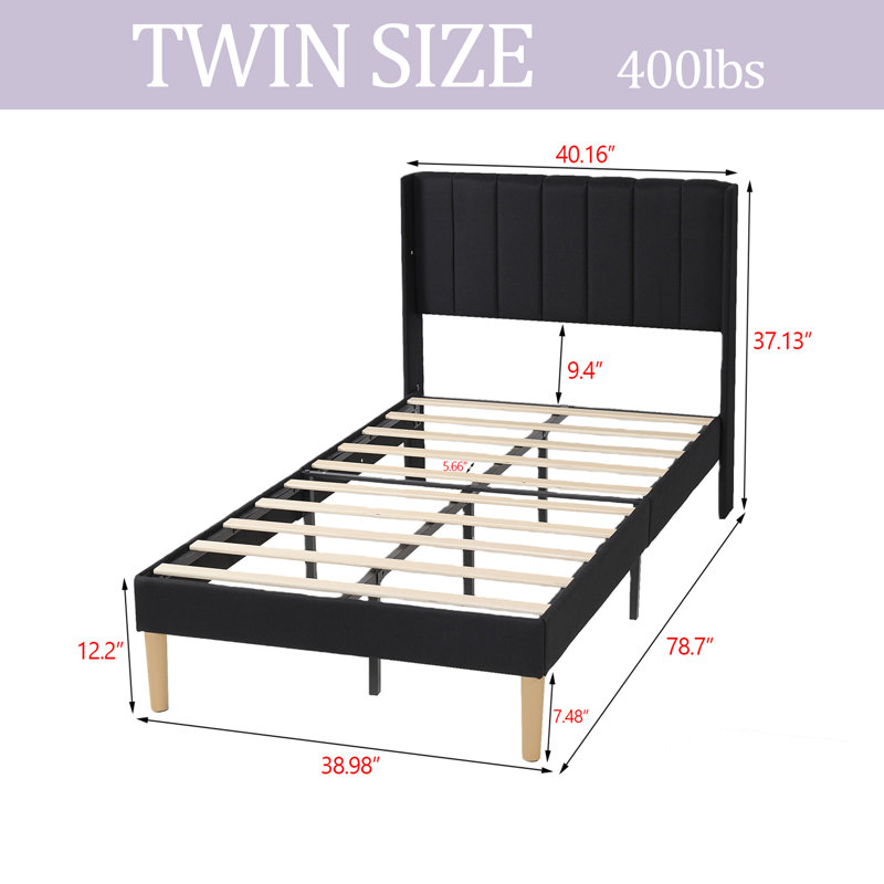Structure de lit plateforme tapissier, Simple, Noir