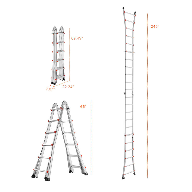 Escabeau télescopique multi-positions robuste avec roulettes 20,5 pi - Escabeau en aluminium à extension en A pour la maison et la construction