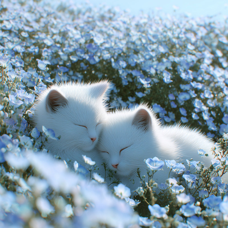 «Dreaming Cats Parmi Fleurs», art mural sur toile, H 20 po x l 20 po, 1