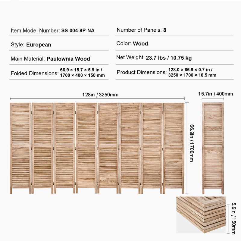 Paravent en bois pliable à 8 panneaux, 170 cm de hauteur, cloison intérieure à persiennes, paravent décoratif portatif, idéal pour la maison, le bureau, le restaurant et la chambre, conçu pour séparer les pièces.