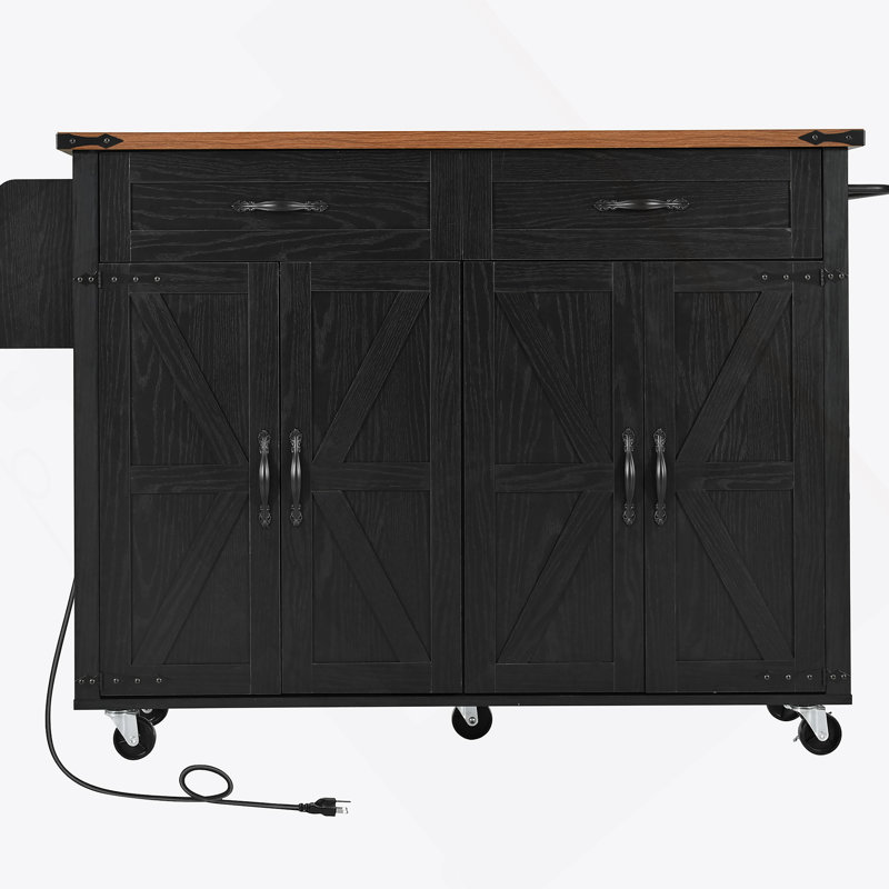 Farmhouse-Style Rolling Kitchen Island With Drop Leaf, Built-In Power Outlets, Adjustable Shelving, And Locking Wheels For Flexible Storage And Workspace Expansion.