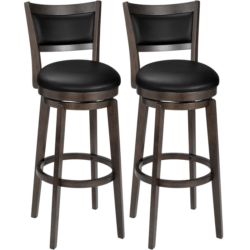 Swivel Stools Set Of 2, Black Faux Leather Upholstered Seat & Solid Wood Footrest, Stool For Kitchen Island & Pub