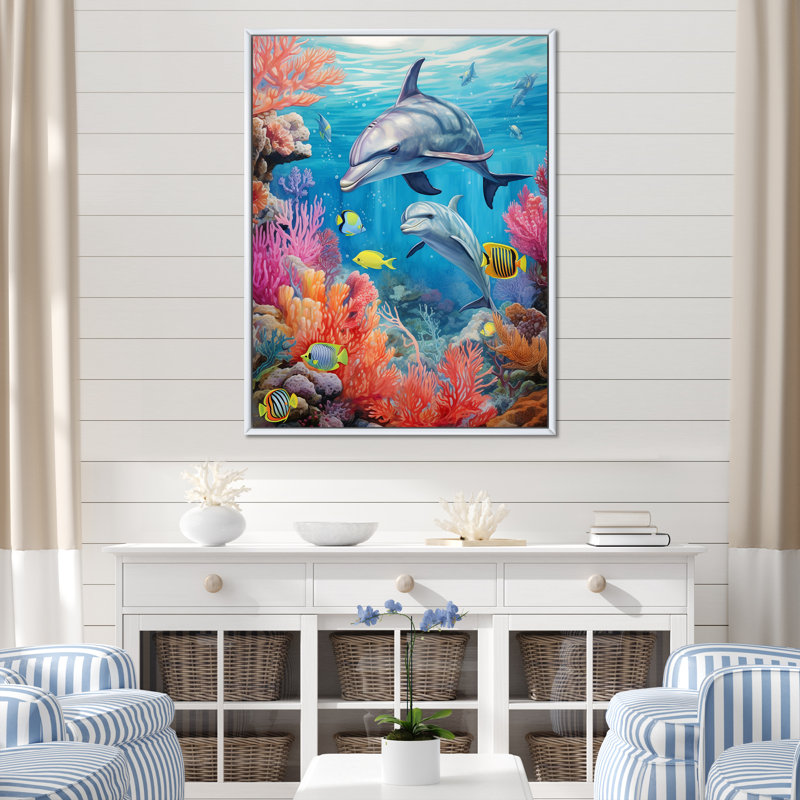 «Dolphin Family Ocean Ballet» sur toile, H 20 po x l 12 po x P 1 po, Cadre flottant blanc