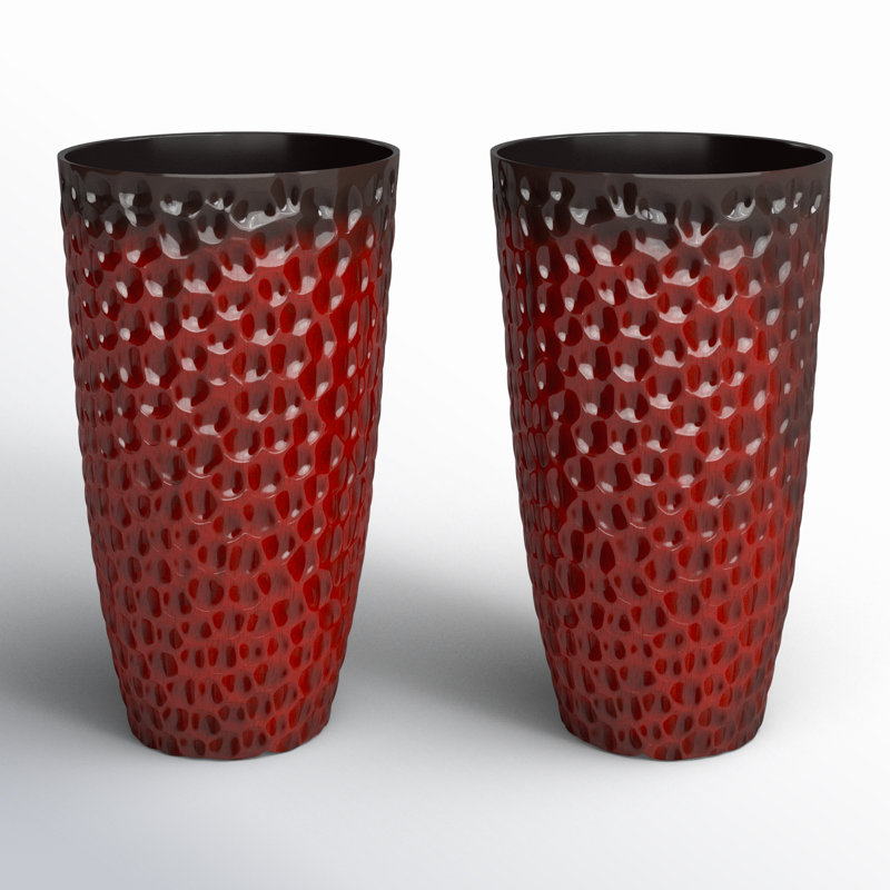 23.75"H Set Of 2 Oversized Eco-Friendly PP And Stone Honeycomb Textured Green Tall Plastic Planter, Red