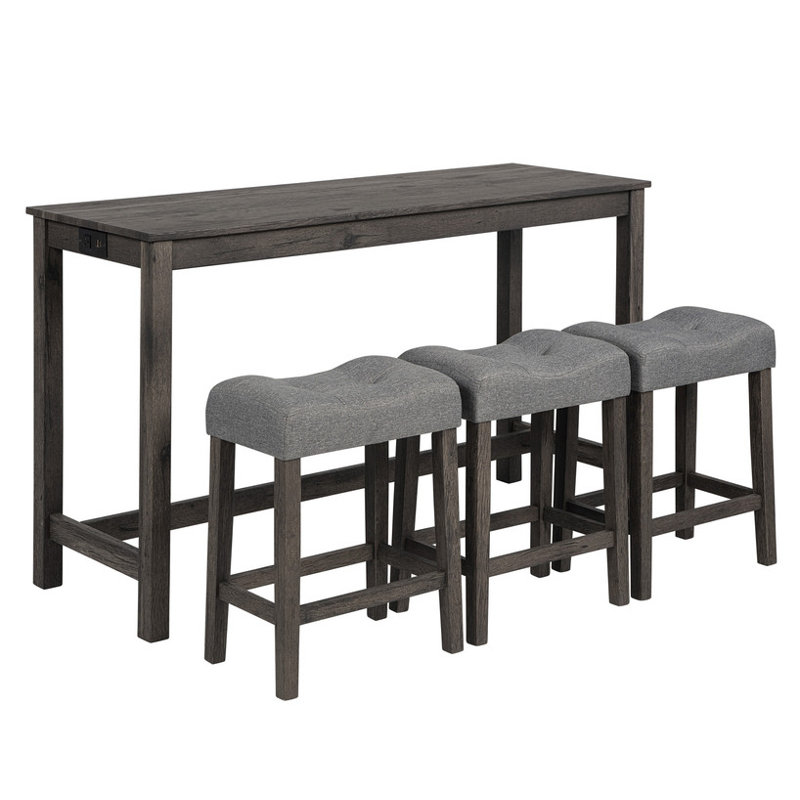 4-Piece Modern Bar Table Set with Built-in Power Outlet Sofa Behind Couch Table & 3 Padded Stools Dark Grey Upholstery Sturdy Metal Frame for Living Room, Dining & Home Office