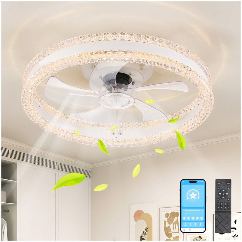 Ventilateur de plafond à DEL à double anneau de luxe 20 po avec lumière - Design encastré moderne, pales cachées, éclairage à intensité variable et télécommande, ventilateur silencieux à profil bas pour chambre à coucher, salon (blanc)