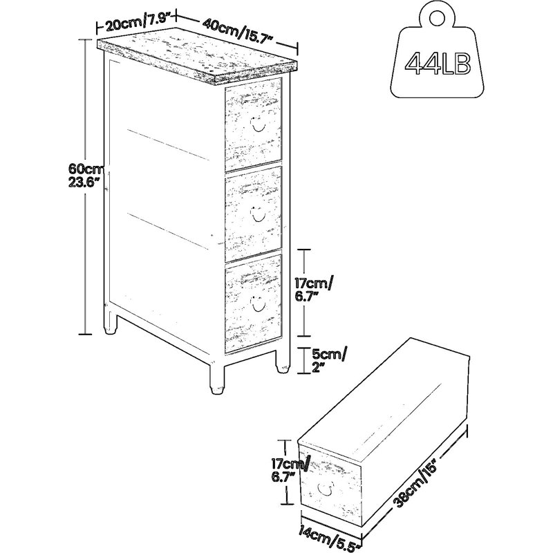 Table d'appoint mince avec 3 tiroirs, table de bout industrielle étroite pour les petits espaces, chambre à coucher, salon, dortoir, brun rustique et finition noire