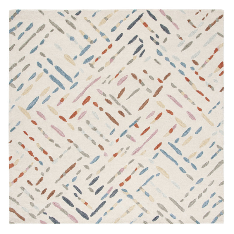 Ivory and Multicolor Hand-Tufted Wool 6' Square Rug