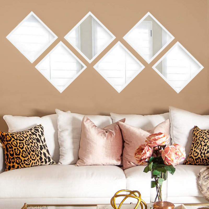 Ensemble de miroir élégant (6 pièces), blanc et argent, 9,5 po x 9,5 po | 100% verre avec cadre en plastique stratifié, épaisseur: 0,2 po | Parfait pour la décoration intérieure, le salon, la chambre à coucher et les décorations d'entrée