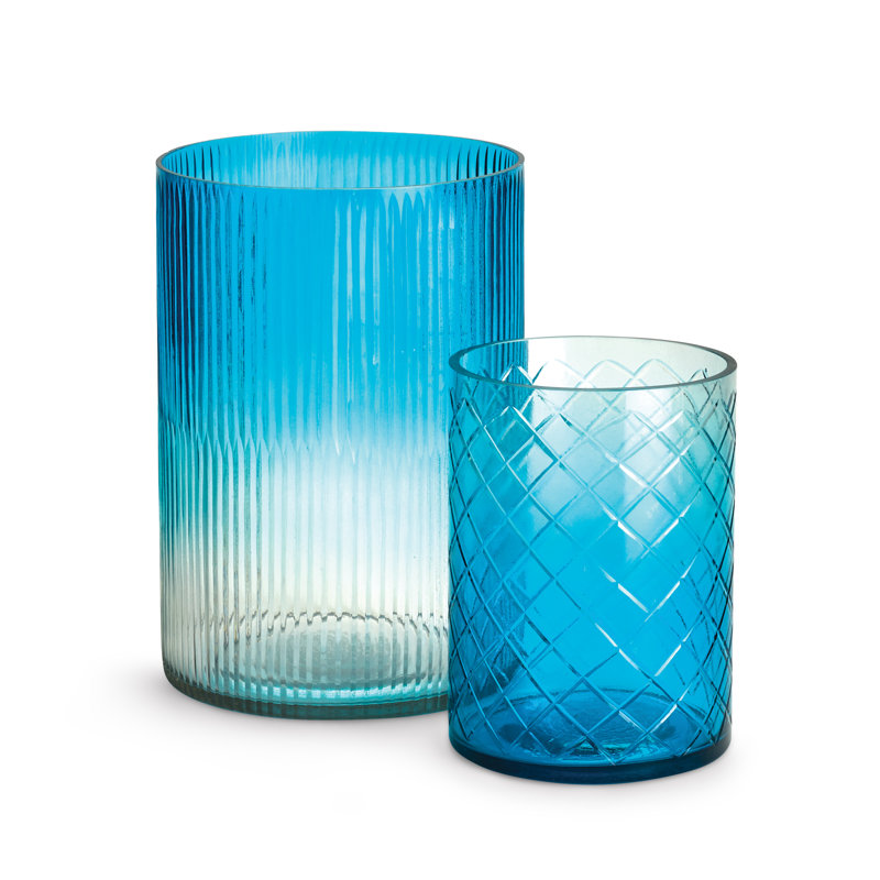 Prisme Cut Glass Hurricane Candle Holders in Aqua Ombre, Set of 2, Blue