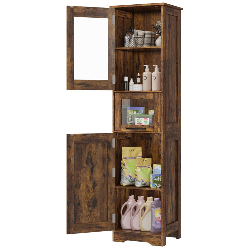 Grande armoire de rangement moderne moderne - une rangée de 5 compartiments bruns 67 po avec portes en verre et tablettes réglables, résistante à l'humidité et peu encombrante pour la salle de bain, la cuisine, la salle à manger et le salon.