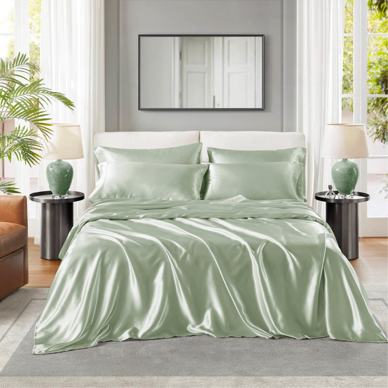 Ensemble de draps en satin de luxe, Édredon très grand et 3 pièces supplémentaires, Vert