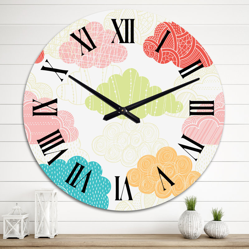 Bleu, orange, vert et nuages roses - Horloge murale à motifs, Moyen