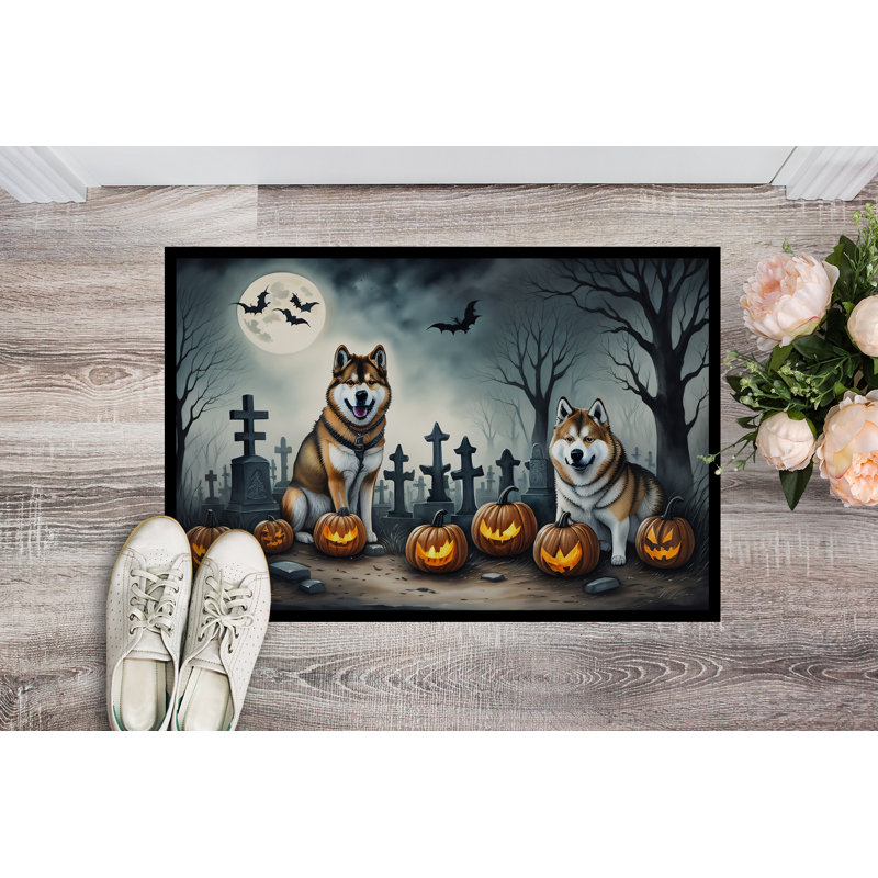 Akita Halloween Cemetery Scene Non-Slip Outdoor Doormat