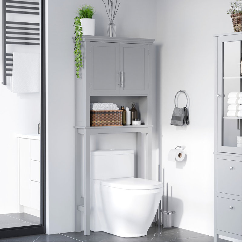 Grey Over Toilet Cabinet Unit - Bathroom Storage With Adjustable Shelf And Open Compartment For Lotion Organizer Double Door, Functional