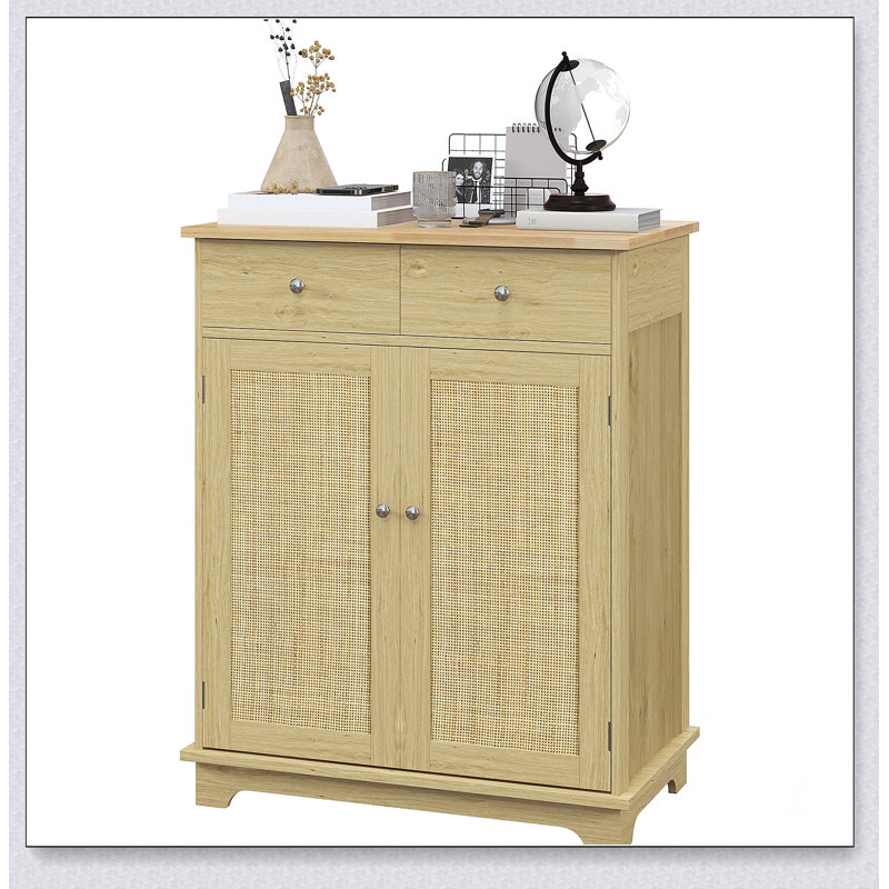 Buffet avec comptoir en bois massif et rangement en rotin