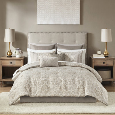 King Comforter In Khaki Colour - 12 Piece Bundle With 1 Comforter, 2 Euro Shams, Decorative Pillows, , Fitted Sheet, Flat Pillow Cases Intriguing Metallic Gold Thread Embellishments , King, With