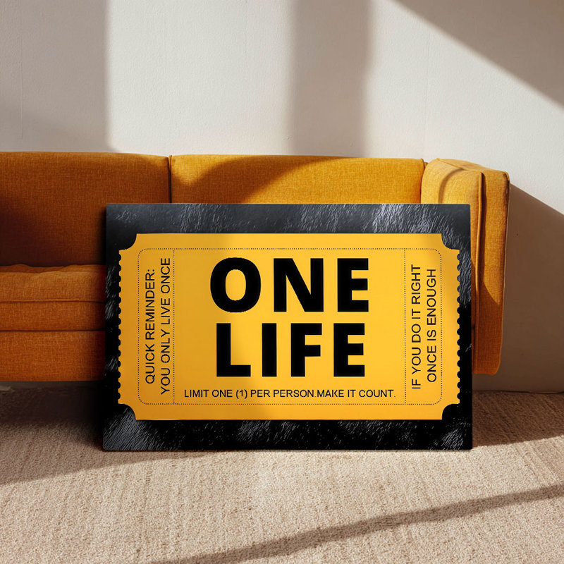 «One Life: Make It Count», art mural tendu sur toile de style billetterie pour Eclectic Studio