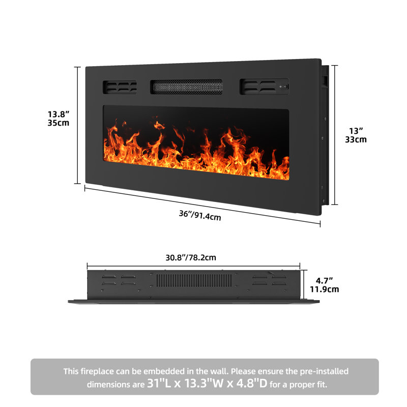 36 Inches Electric Fireplace, Recessed Or Wall Mounted