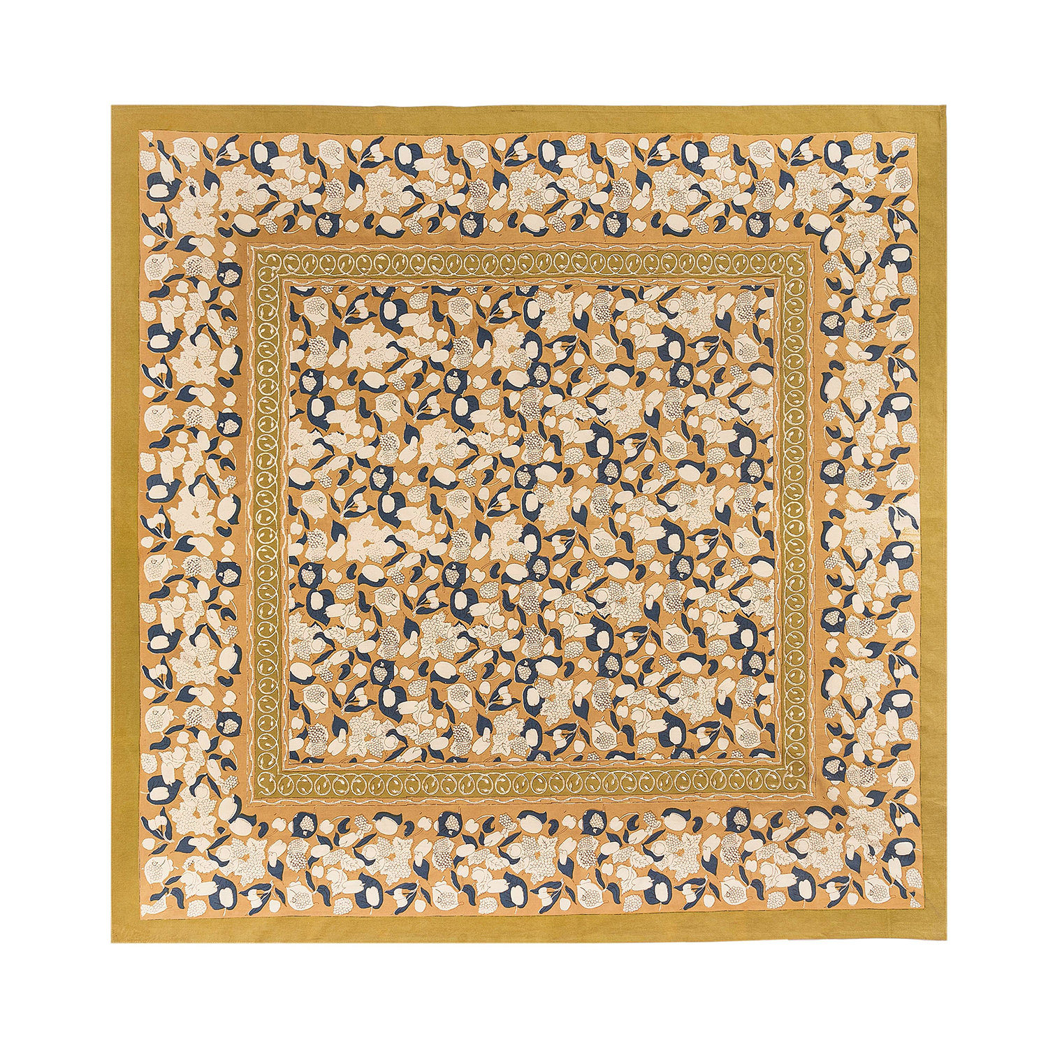 Bryssa 142" Cotton Tablecloth, Mustard/Blue, 90" x 90"