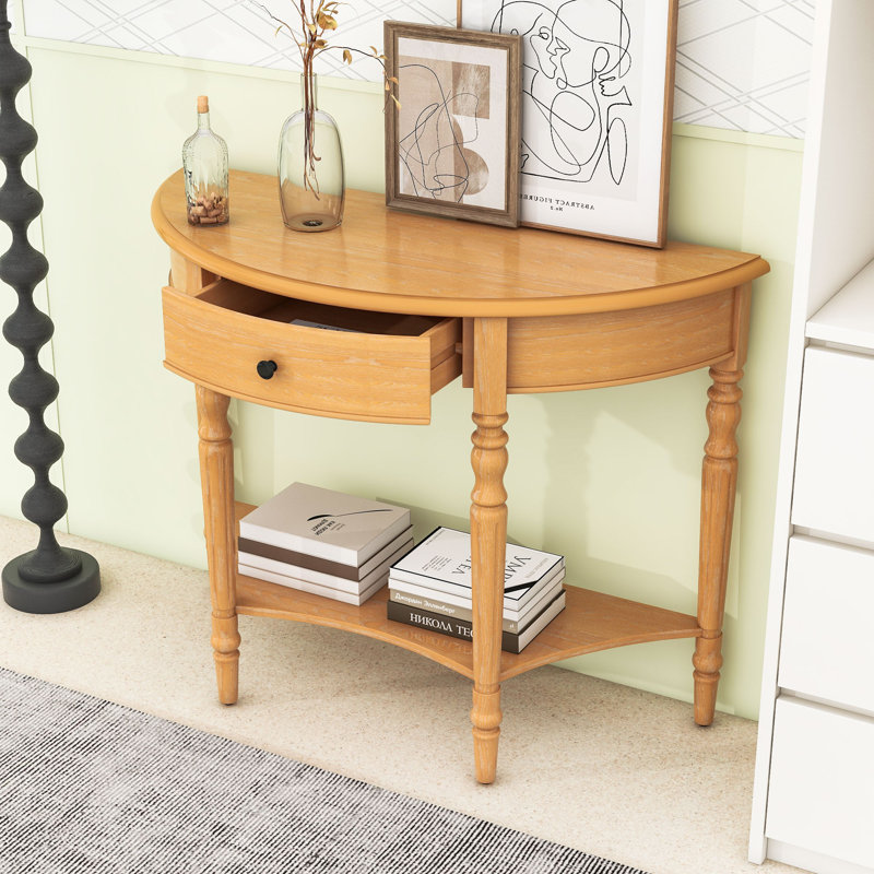 Console en bois avec tiroir et tablette, Naturel