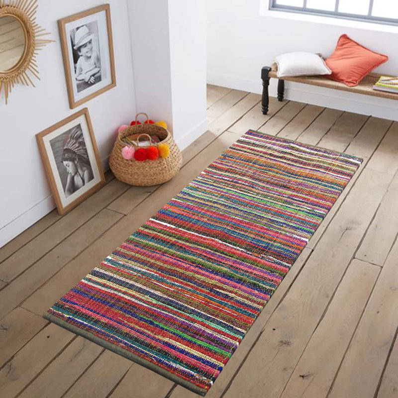 Tapis de couloir abstrait en coton tissé à plat à la main rouge / bleu / rose Pablo, Tapis de couloir 2 po x 7 po