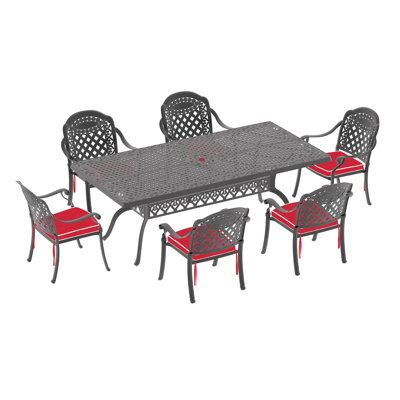 7-Piece Set Of Cast Aluminum Patio Furniture With Black Frame And Red Seat Cushions