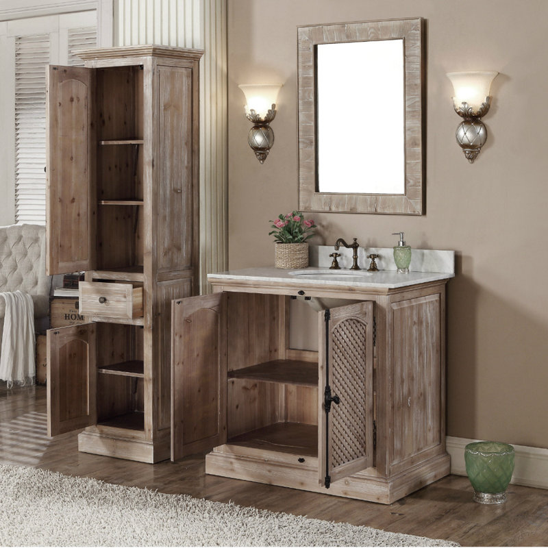 Eveny 37'' Free Standing Single Bathroom Vanity with Stone Top and Mirror and Linen tower, Quartz White