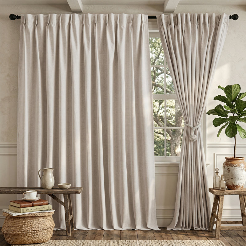 100% Blackout Linen Curtains for Bedroom, Pinch Pleated Rustic Linen Weave Window Treatments Thermal Insulated Drapes Sound Reducing for Living Room/Playroom, 2 Panels