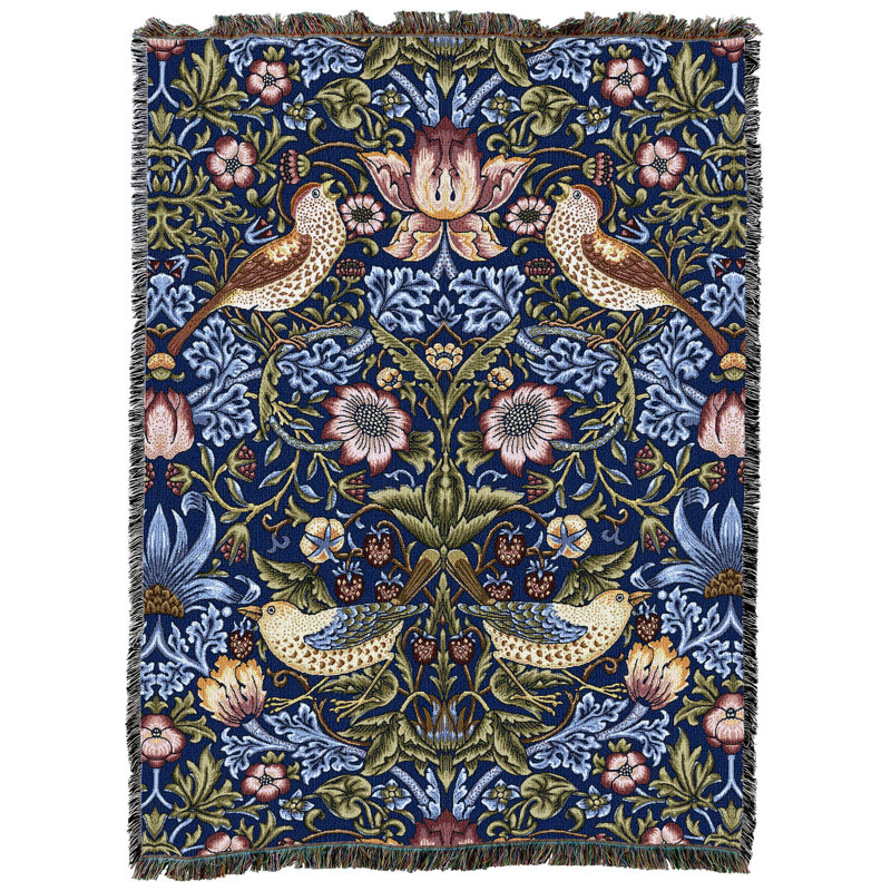 Indigo Floral Cotton Throw Blanket with Birds Design