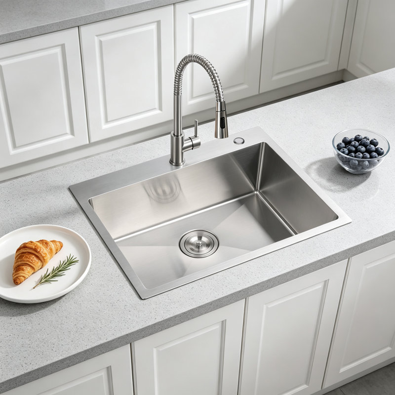 Évier de cuisine encastré à simple cuve en acier inoxydable L 27 po x l 19 po, Nickel brossé