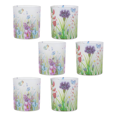 Set of Six Green White Green And Purple Floral Glass Tabletop Votive Candle Holders