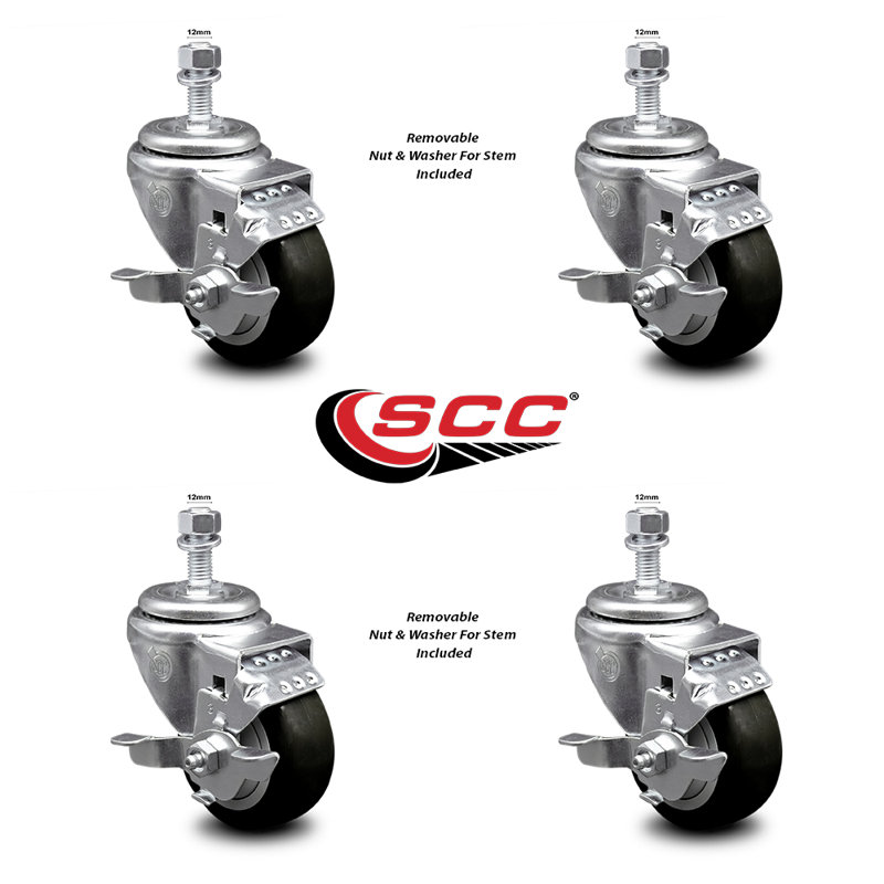 3 Inch_Polyurethane Swivel 12mm Threaded Stem Caster Set with Brake, Black