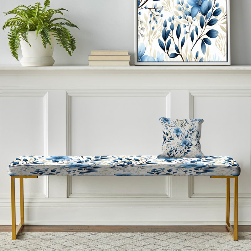 Floral Upholstered Gold Bench, Coastal Foliage