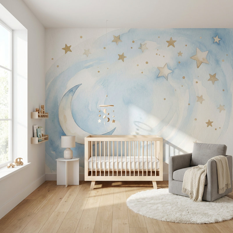 Papier peint aquarelle lune, 120" x 96", Peler et coller