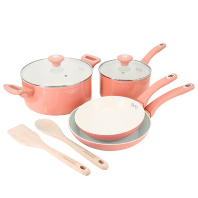 Martha Stewart Everyday Rexford 8 Piece Ceramic Nonstick Aluminum Cookware Set in Coral