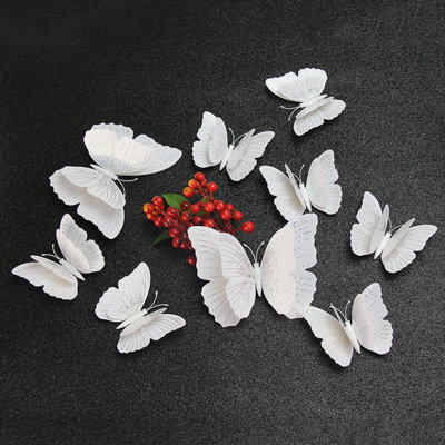 12pcs Sparkling Butterfly 3D Wall Decor, Shiny Double Layer - White