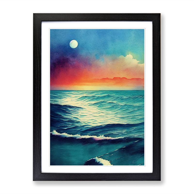 Watercolour Seascape Vol.1 - Picture Frame Print, 64cm H x 46cm W x 2cm D, Oak