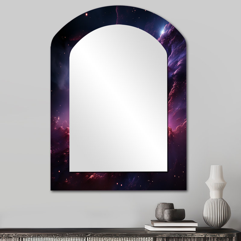 Abstrait galaxie mauve abstraite I - miroir mural asymétrique abstrait à spirales abstraites, miroir en arche moderne, impression sur métal